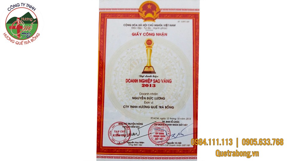 Hương quế Trà Bồng đạt doanh nghiệp sao vàng 2013
